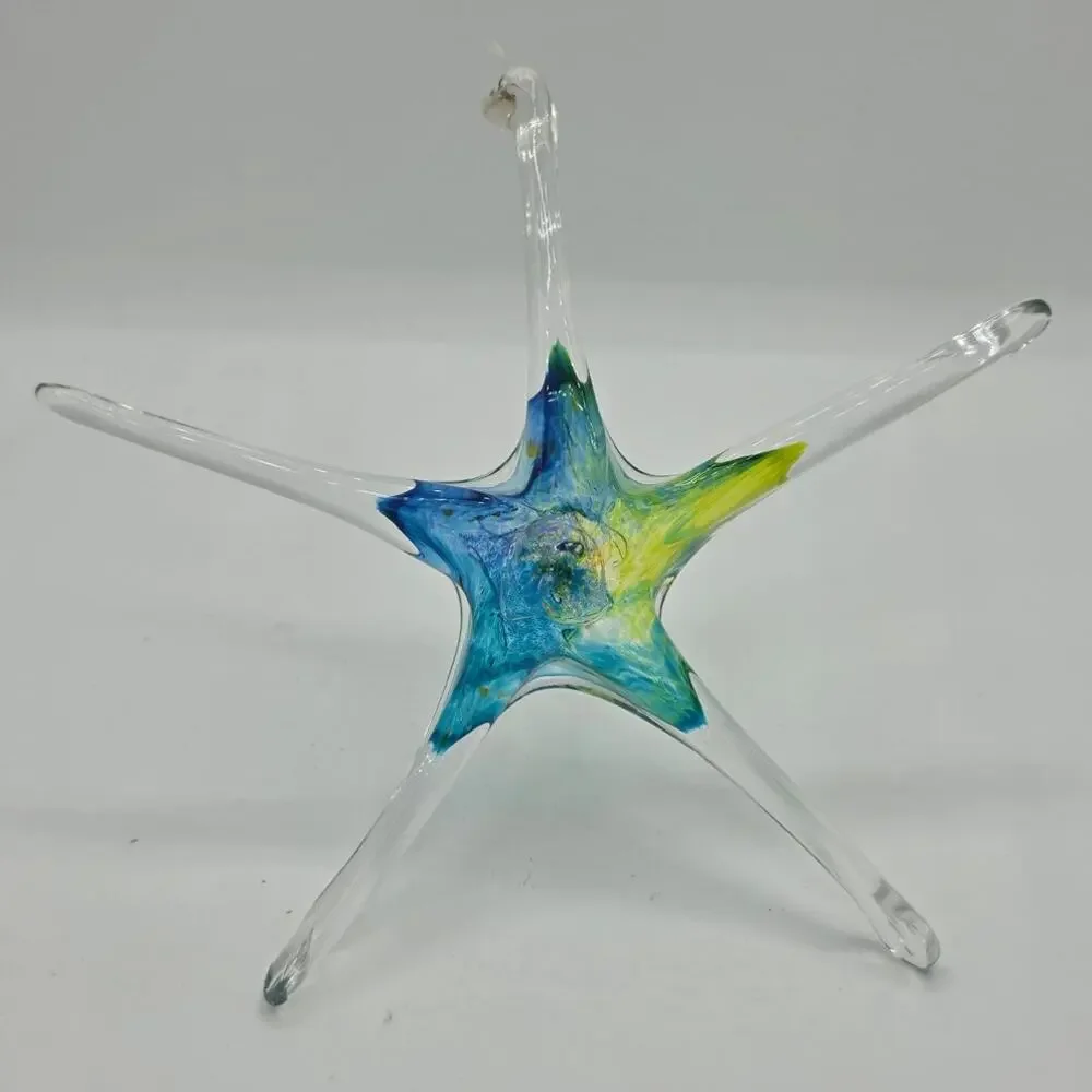 Signed Luke Adams Hand Blown Art Glass Starfish Suncatcher Ornament Blue Green 8